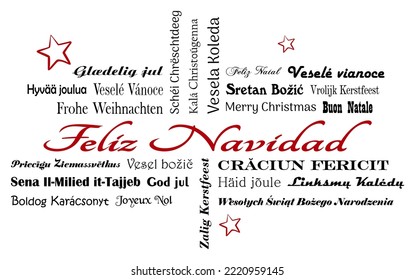 Feliz Navidad vector lettering. In all European Union languages with red stars. White back.
Spanish Feliz Navidad and all other Text in different languages are meaning Merry Christmas in English.