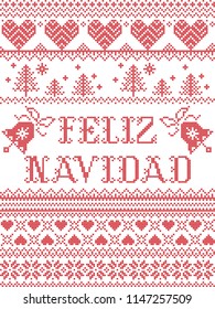 Feliz Navidad vector seamless pattern inspired by nordic culture festive winter in cross stitch with heart, snowflake, mittens, Christmas bells, Christmas tree ornaments in red and white
