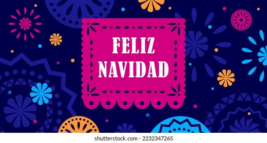 Feliz navidad. Vector web banner, poster, card for social media, networks with copy space. Text Feliz navidad, pinata mexican star on blue background. Hispanic tradition, chistmas selebration.