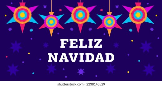 Feliz navidad. Vector web banner, poster, card for social media, networks with copy space. Text Feliz navidad, pinata mexican star on blue background. Hispanic tradition, christmas selebration.