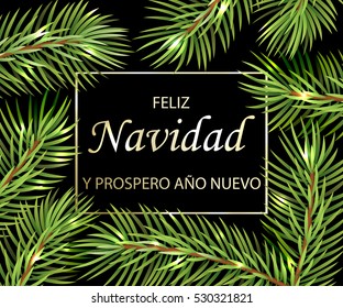 Feliz Navidad y Feliz Ano Nuevo - text in Spanish means Merry Christmas and Happy New Year. Greeting card with conifer tree and golden inscription.