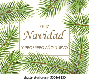 Feliz Navidad y Feliz Ano Nuevo - text in Spanish means Merry Christmas and Happy New Year. Greeting card with conifer tree and golden inscription. Vector illustration.