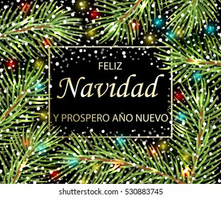 Feliz Navidad y Feliz Ano Nuevo - text in Spanish means Merry Christmas and Happy New Year. Greeting card with conifer tree and golden inscription. Vector Illustration.