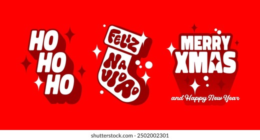 Feliz Navidad y Feliz Año Nuevo, Colección de Ilustraciones con texto, Lettering Vectorial