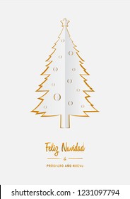 Feliz Navidad y próspero Año Nuevo origami card template in Spanish. Translation: "Merry Christmas and Happy New Year". Greeting card invitation with Christmas pine trees. Vector illustration.