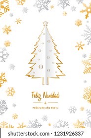 Feliz Navidad y próspero Año Nuevo origami card template in Spanish. Translation: "Merry Christmas and Happy New Year". Greeting card invitation with Christmas pine trees and snowflakes. Vector illust