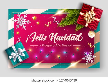 Feliz Navidad y prospero Ano Nuevo. Merry Christmas and Happy New Year in Spanish. Vector Greeting Card Template. Holiday Composition, Top View.  Festive Xmas Poster.