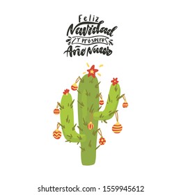 Feliz navidad y prospero ano nuevo. Merry Christmas and Happy New Year in Spanish. Hand drawn phrase. Vector lettering for holidays greeting card, invitation, poster, print, label.