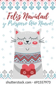 Feliz Navidad y Prospero Ano Nuevo. Happy Christmas and Happy new year in Spanish language. Greeting card with cute cat, snowflakes and winter ornament. Vector holiday poster