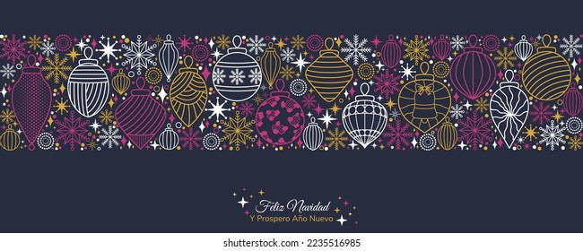 Feliz Navidad. Y Prospero Año Nuevo. Frohe Weihnachten und glückliches neues Jahr. Weihnachtsmusterhintergrund mit Weihnachtsschmuck und Schneeflocken. Bearbeitbarer Strich Geometrischer, horizontaler Website-Header