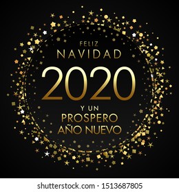 Feliz Navidad y un Prospero Nuevo spanish text. Translation: Merry Christmas and Happy 2020 new year, golden banner for seasonal holidays flyers, greetings and invitations, Vector Xmas cards