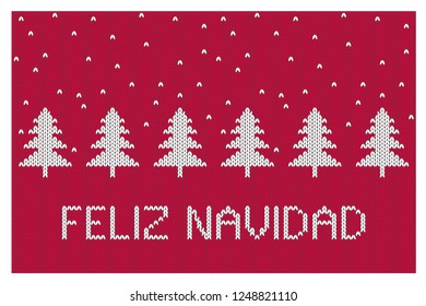 Feliz Navidad-Merry Christmas Vector Illustration.Abstract White Christmas Trees. Knitted Fabric Style Design. Red and White Simple Art. Red Background. Sweater Like Motif. Scandinavian Sweater Style.