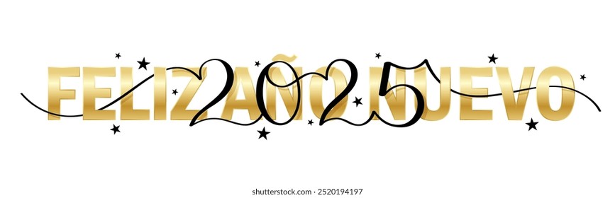 FELIZ NUEVO ANO 2025 (HAPPY NEW YEAR 2025 in Spanish) black and gold vector brush calligraphy banner