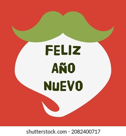 Feliz Año Nuevo celebration slogan in spanish language on white beard design for greeting or invitation card party or print poster. Happy New Year lettering advert Santa Claus Papá Noel message banner