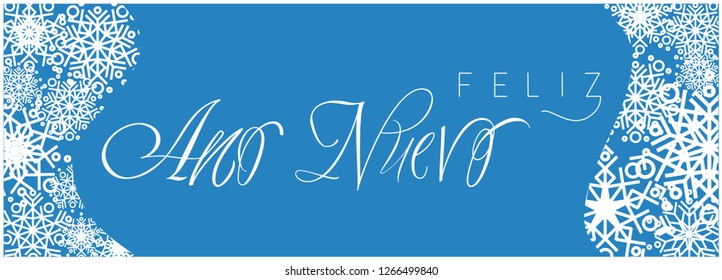 Feliz Año Nuevo - elegant New Year calligraphy with snowflakes on blue background. Flat vector illustration for invitations, greetings, prints, postcards, posters, seasonal design and decoration, web.