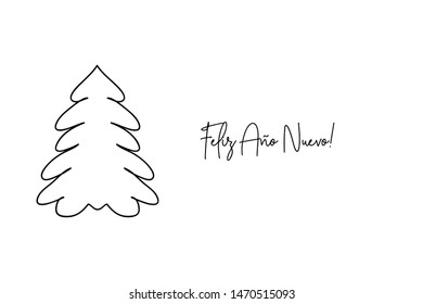 Feliz año nuevo Happy new year Spanish handwritten text with Christmas tree shape.