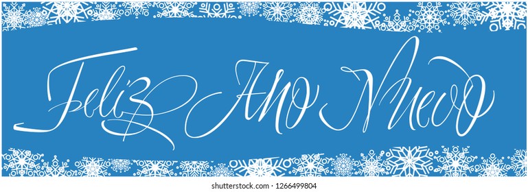 Feliz Año Nuevo - New Year calligraphy written in spanish on blue background. Flat vector illustration for seasonal design and decoration, invitations, greetings, cards, prints, posters, web.