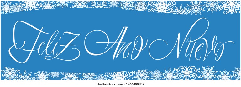 Feliz Año Nuevo - New Year calligraphy written in spanish on blue background. Flat vector illustration for seasonal design and decoration, greetings, invitations, postcards, prints, posters, web.