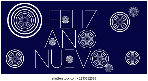 Feliz Año Nuevo - New Year lettering written in spanish; stylish hand drawn white letters on blue background. Flat vector illustration for seasonal design and decoration, prints, cards, posters, web.