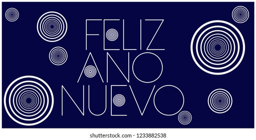 Feliz Año Nuevo - New Year lettering written in spanish; stylish hand drawn white letters on blue background. Flat vector illustration for posters, prints, cards, seasonal design and decoration, web.