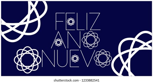 Feliz Año Nuevo - New Year lettering written in spanish; stylish hand drawn white letters on blue background. Flat vector illustration for seasonal design and decoration, prints, cards, posters, web.