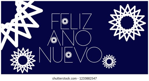 Feliz Año Nuevo - New Year lettering written in spanish; creative hand drawn white letters on blue background. Flat vector illustration for prints, cards, posters, seasonal design and decoration, web.