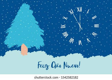 Feliz Año Nuevo Spanish text, Christmas tree with falling snow, snowdrift, New Year, winter scene, Xmas eve.