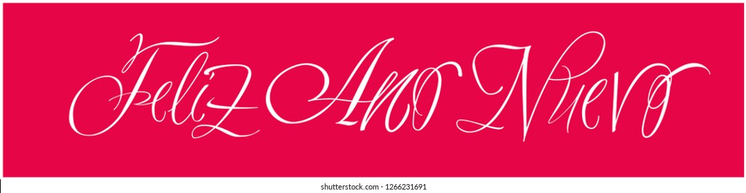 Feliz Año Nuevo-New Year hand drawn calligraphy written in spanish on red background. Flat vector illustration for greetings, invitations, prints, cards, posters, seasonal design and decoration, web.