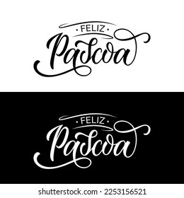 Feliz Pascoa handwritten text (Happy Easter in Portuguese) with bunny ears. Hand lettering typography, modern brush calligraphy, vector illustration. Design concept for greeting card, banner, poster