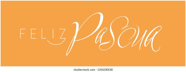 Feliz Pascua - Happy Easter hand drawn calligraphy, written in Spanish, on yellow background. Flat vector illustration for invitations, greetings, Easter design and decoration, cards, posters, web.