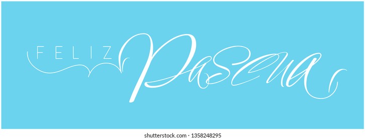 Feliz Pascua - Happy Easter hand drawn calligraphy, written in Spanish, on pale blue background. Flat vector illustration for cards, posters, invitations, greetings, Easter design and decoration, web.