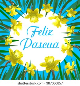 Feliz pascua (Happy easter spanish variant) cards illustration with flowers narcissus background. Greeting card, template