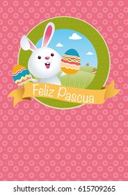 FELIZ PASCUA - HAPPY EASTER in Spanish language - logo with rabbit holding painted eggs in his hands with green mountains and blue sky inside a green circle on pink hearts background - Vector image