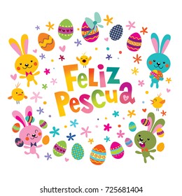 Feliz Pascua Happy Easter in Spanish greeting card with cute bunnies