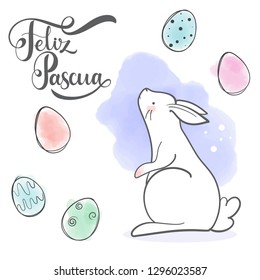 Feliz Pascua lettering. Cute rabbit in cartoon style. Happy Easter on french. Vector illustration. Elements for greeting card, poster, banners. T-shirt, notebook and sticker design