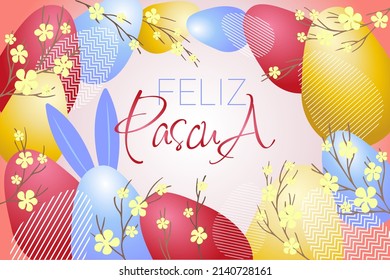 Feliz Pascua lettering. Easter postcard with red violet golden Easter eggs and branch. Decorative frame with golden elements. Unique design for your greeting cards, banners, flyers. Vector in modern