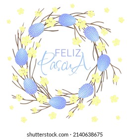 Feliz Pascua lettering. Easter wreath with Easter eggs, flowers and branches on white background. Decorative frame with violet elements. Unique design for your greeting cards, banners, flyers. Vector