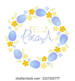 Feliz Pascua lettering. Easter wreath with Easter eggs, flowers and branches on white background. Decorative frame with violet elements. Unique design for your greeting cards, banners, flyers. Vector 