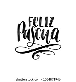 Feliz Pascua translated from Spanish handwritten phrase Happy Easter in vector. Calligraphy illustration on white background for holiday poster, greeting card etc.