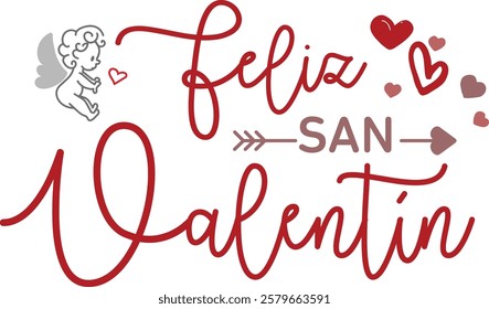  Feliz San Valentín - Lettering en castellano, Romántico con Cupido y Corazones