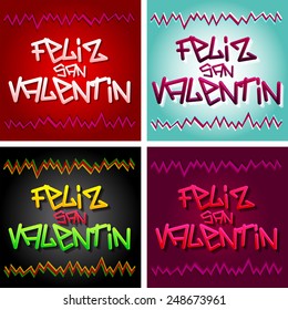 Feliz San Valentin - Happy Valentines spanish text - vector urban style lettering - collection set