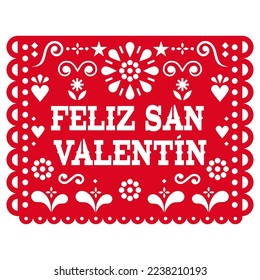 Feliz San Valentin - Valentine's Day Papel Picado - Mexican paper cutout decoration vector design, fiesta decoration garland
