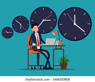 Fell asleep. Vector illustration time concept, Countdown, Clock face, Multitasking.