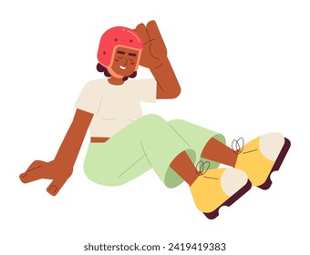 Fell down cyclist safety helmet laughing 2D cartoon character. Smiling african-american woman accident isolated vector person white background. Leisure extreme sport color flat spot illustration