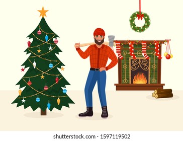 Felled Christmas tree and man holding ax in New Year decorated room vector illustration. Celebrating holiday at home with xmas tree, burning wood in fireplace, wreath, socks, garlands.