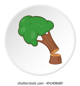 Felled tree icon in cartoon style on white circle background. Felling symbol vector illustration