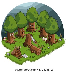 Felled tree with stuck saw surrounded by horrified tree friends in a dark forest