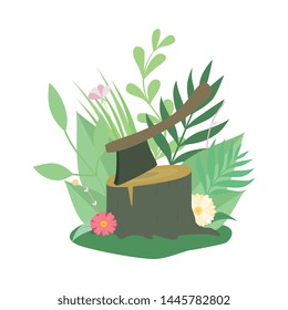 Felled Tree or Stump and Ax, Deforestation, Ecological Problem Vector Illustration