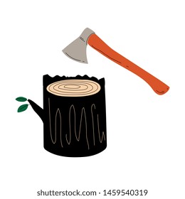 Felled Tree or Stump and Ax, Deforestation, Cutting Down of Trees, Ecological Problem Vector Illustration