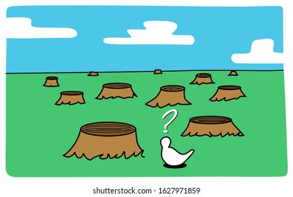 Felled trees landscape with a bird watching. Cartoon vector illustration.